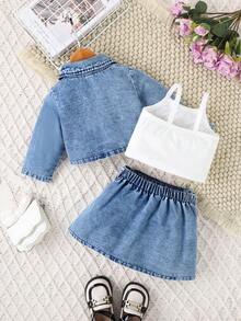 Set 3pcs/Set untuk Bayi Perempuan Gaya Kampus: Jaket, Kamisol, dan Rok Lipit, Musim Gugur/Dingin - Biru - View 3