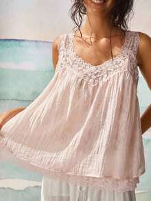 Blusa de uso diario versátil y casual con parches de encaje para mujer - Rosa Pálido - Ver 6
