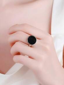 Nhẫn bạc S925 15mm đính đá quý tự nhiên Lapis Lazuli, Agate, Malachite, thiết kế đơn giản, dễ thương, trang sức dự tiệc tinh tế dành cho nữ. - màu đen - Xem 2