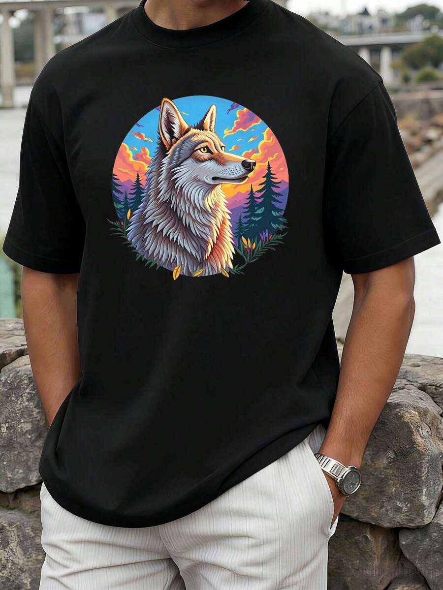 T-shirt da uomo con stampa lupo, casual, streetwear, cotone di alta qualità, vestibilità comoda, stile hip-hop, traspirante, nuovo arrivo. - nero - Visualizzare 1