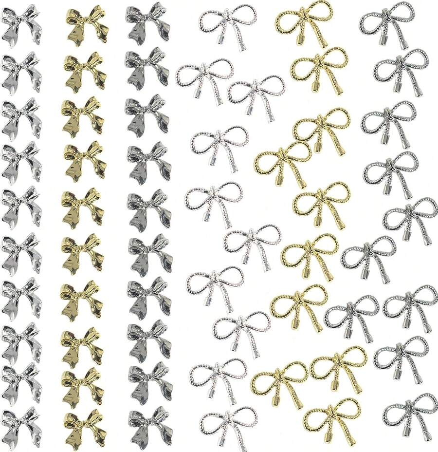 Maigitur 60pcs 3D Metal Bow Nail Charms - Alloy, Crystal - Gold, Gray, Silver - 6 Styles, 10pcs Each - Nail Art Decoration - ColorG - 查看 1