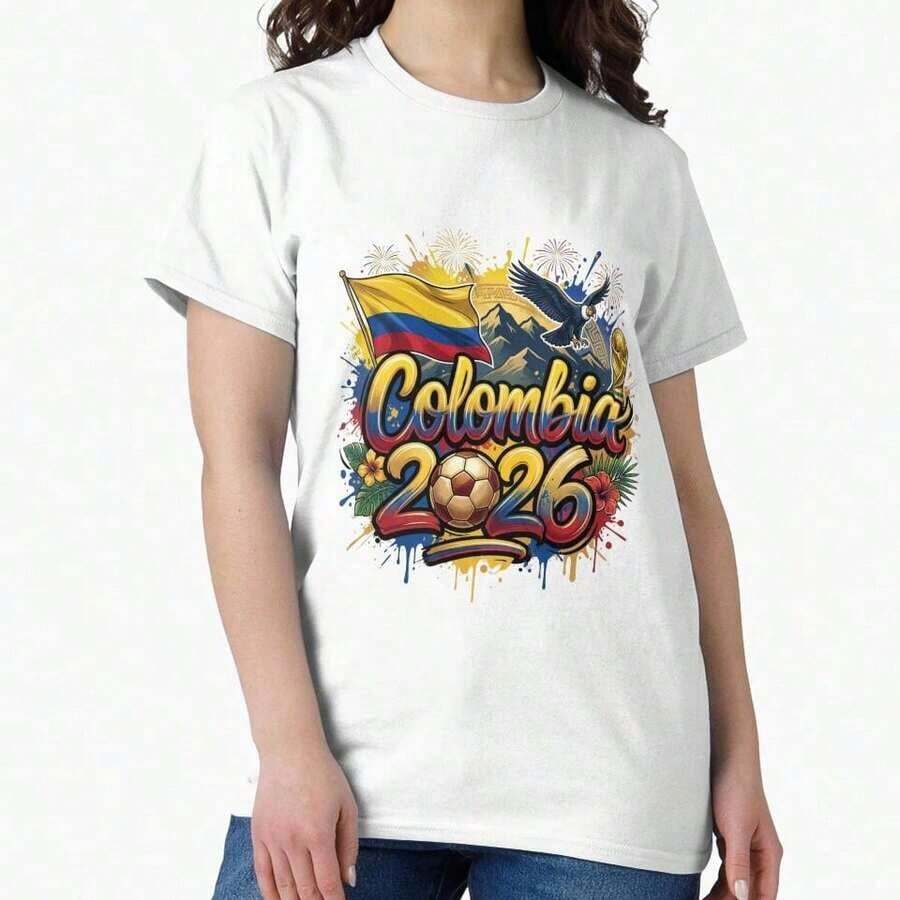 Classic Colombia World Cup 2026 Football Shirt - Unisex Vintage Urban Style, Cotton, Short Sleeve, Round Neck, Women's T-Shirts. Blouses. Casual Blouses For Ladies. - 白色 12 - 查看 1