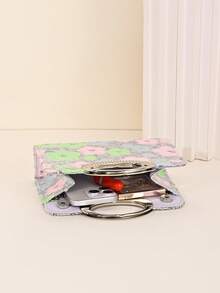 Floral Sequin Evening Clutch Bag For Women, Elegant Metal Ring Handle Handbag, Sparkly Formal Purse For Wedding Prom Party Cocktail Events, Glamorous Statement Clutch For Special Occasions - Silver - View 3