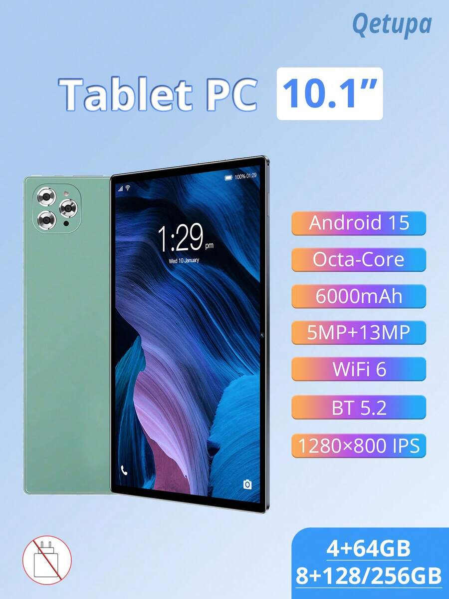 Qetupa Android 15 10.1 英寸平板电脑,4GB RAM + 64GB ROM / 8GB RAM + 128GB ROM / 8GB RAM + 256GB ROM(支持最高 1TB SD 卡扩展),MTK 8788 八核 2.0GHz 处理器,高清 (1280x800) IPS 触控屏,5MP + 13MP 双摄像头,6000mAh 电池,Type-C 接口,支持 802.11ax Wi-Fi 6 和 GPS(不支持 SIM 卡) - 綠色 - 查看 1