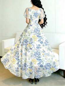 Vestido largo de gasa con estampado floral de hortensia y clavel, diseño de cuello cuadrado y mangas con volantes, cintura ceñida, elegante y apropiado para el verano y el uso diario - Multicolor 2 - Ver 2