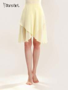 DonsGirl 1pc Women's Ballet Mid-Length Chiffon Wrap Design Ballet Skirt, Solid Color Suitable For Dance Performance Fall - Light Yellow - View 4