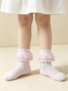 5 Pasang Kaos Kaki Dansa Katun Bernapas Berbahan Jala Warna Polos untuk Anak Perempuan, Kaos Kaki Kasual Gaya Putri dengan Hiasan Renda untuk Balita - Baby Pink - View 4