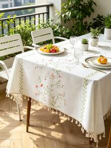 1pc Colorful Embroidered Floral Tablecloth, Rectangular, Beige Tassel Decor, Suitable For Dresser, Coffee Table, Cabinet, Dining Table, Kitchen, Gathering, Dinner, Holiday, Party, Wedding, All Seasons, Spring/Summer - Green Garden - View 6