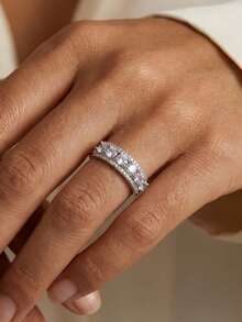 1pc Sparkling Full Rhinestone Half-Row Ring, Copper With Zirconia Stones, Luxury Wedding Ring Alternative, Open Adjustable Wide Band Ring - Silver - View 4