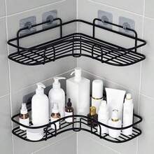 2pcs Easy Install Corner Shower Caddy - No Drilling Metal Bathroom Shelf For Toiletries And Storage, Bathroom Shower Curtain Set - Black - View 2