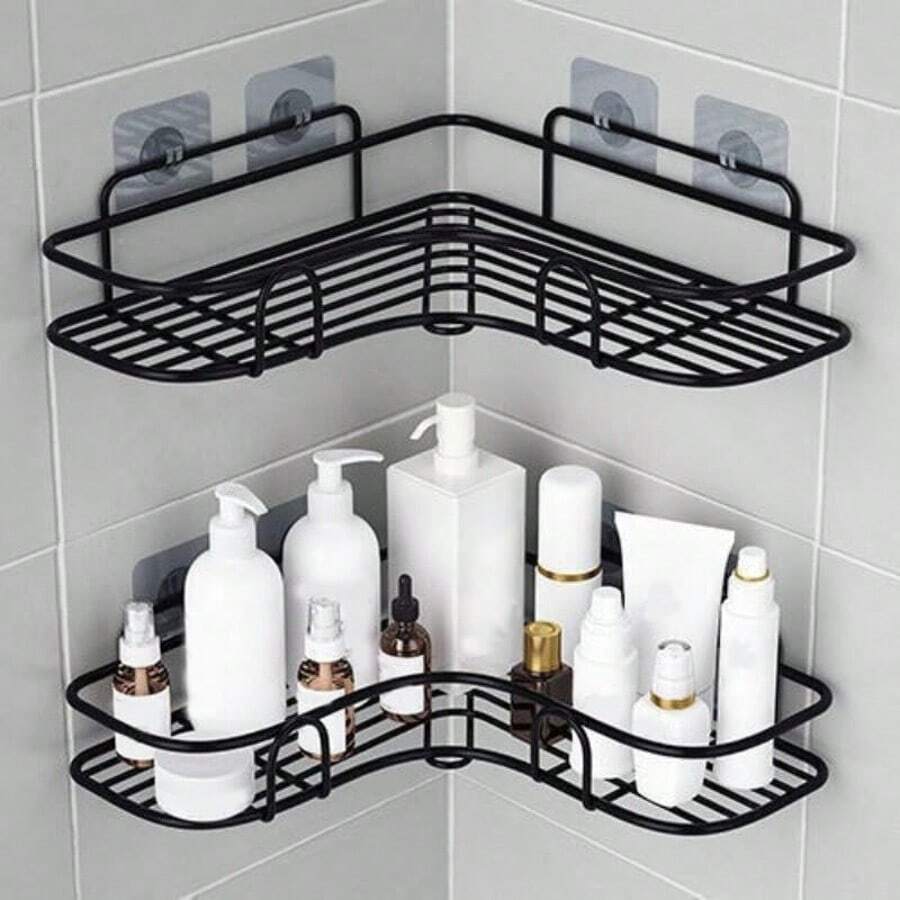 2pcs Easy Install Corner Shower Caddy - No Drilling Metal Bathroom Shelf For Toiletries And Storage, Bathroom Shower Curtain Set
