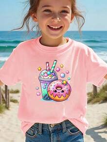 Donut And Bubble Tea T-Shirt For Girls - Pink - View 7