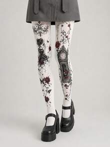 1 Stück Damen weiße Samt Leggings im Gothic-Stil mit Mädchen- & Uhren-Muster, Rosenranken Vintage Muster elastische Strumpfhose, Dark Academia Stil Frühling/Sommer Party & Alltag Strumpfhose - Weiss - Übersicht 2