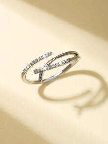 Nooxian 1pc Exquisite Luxury Sparkling Faux Platinum Copper Ring With Zirconia Stone, Adjustable - Silver - View 6
