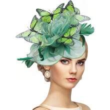 1 Piece - Mint Green Butterfly Decorative Top Hat - Garden Party Style - Gradient Mint Green Organza With Butterfly Decoration And Feather Embellishment - Used For Daily, Holiday, Party, Stage Styling - Green - View 4