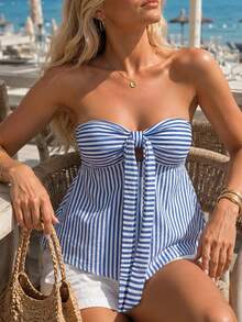 Women's Elegant Blue White Striped Halter Neck Peplum Top, Bow Front Keyhole Sleeveless Blouse, Casual Summer Vacation & Brunch Wear, 2026 Chic Outfit - Blue and White - View 1