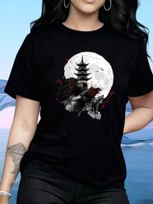 Women's T-Shirt, Asian Pagoda Moonscape T-Shirt, Women's Fashion, Graphic T-Shirt, Art Design, Casual Wear, Suitable For: Home, Sports, Festivals, Valentine's Day, St. Patrick's Day, Easter, T-Shirt, 220g - 黑色 - 查看 1