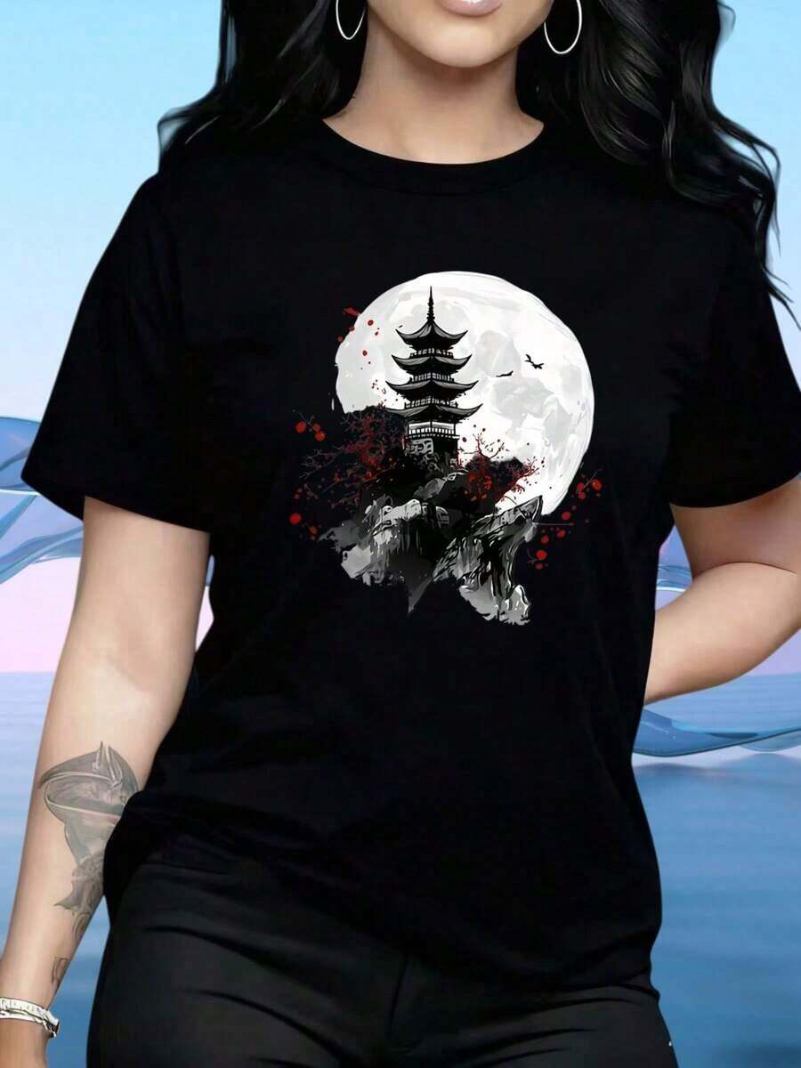 Women's T-Shirt, Asian Pagoda Moonscape T-Shirt, Women's Fashion, Graphic T-Shirt, Art Design, Casual Wear, Suitable For: Home, Sports, Festivals, Valentine's Day, St. Patrick's Day, Easter, T-Shirt, 220g - 黑色 - 查看 1