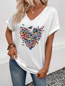 Camiseta casual y versátil para primavera/verano con cuello en V, puños acampanados y estampado degradado en forma de corazón - Multicolor 2 - Ver 4