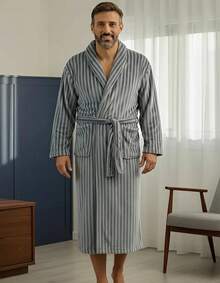 Appel Plush Flannel Bathrobe - Super Comfortable - Gray Striped - View 2