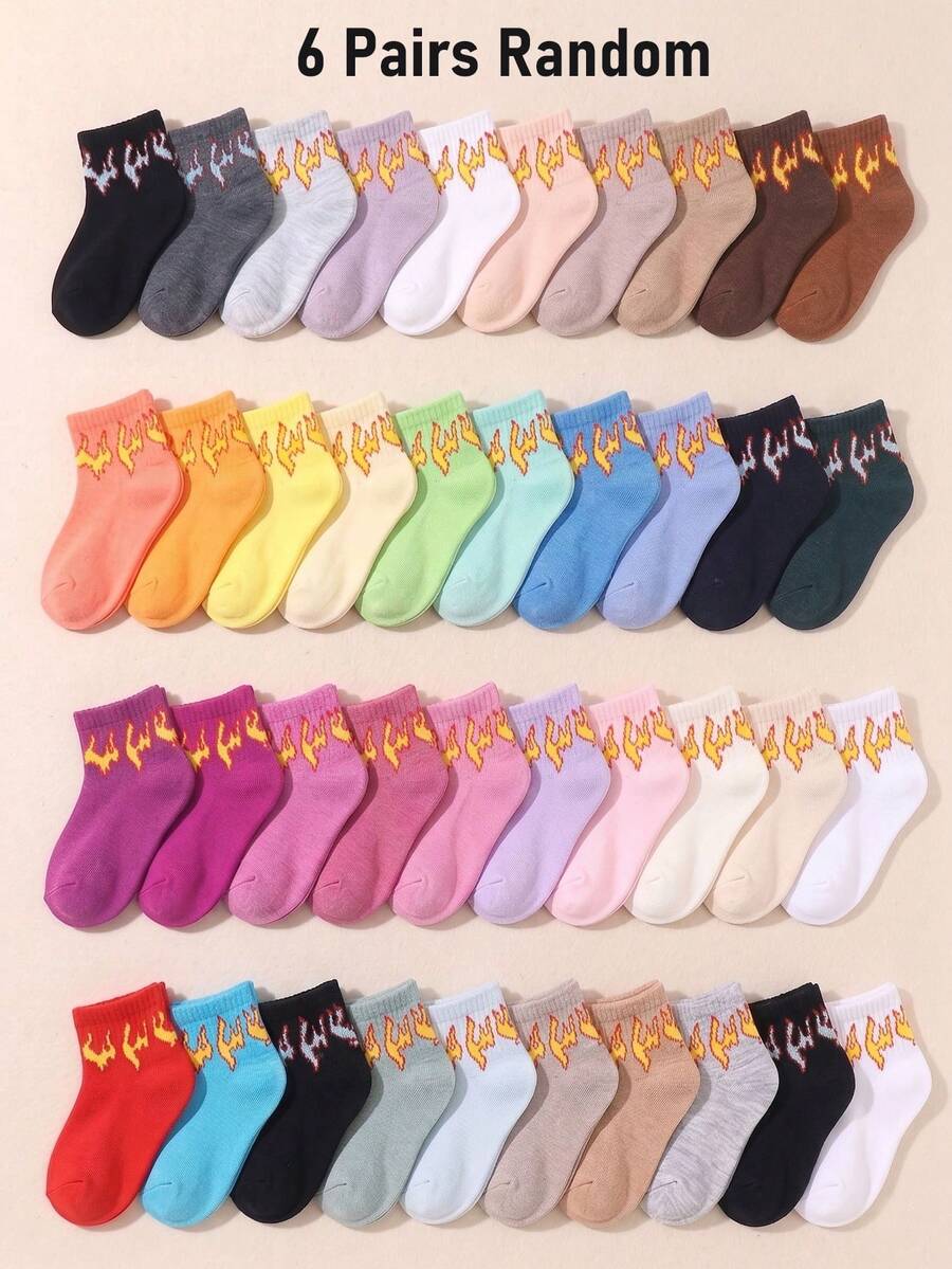6 Pairs Of Random Color Mid Calf Socks For Kids, Flame Print Funny Socks, Summer Essential, Party Favors For Kids, Back To School, Beach Summer - Multicolor - View 1