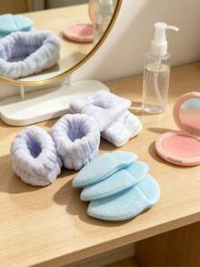 6pcs/Set Soft Plush Spa Headband & Wristband & Cleansing Sponge Kit, Bowknot Elastic Hair Wrap + Water Absorbent Wrist Bands + Exfoliating Puff For Face Washing, Skincare, Makeup Removal - Set - View 4