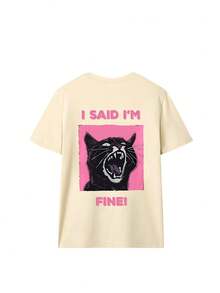 Women's Round Neck Short Sleeve T-Shirt, Summer New Cat Pattern & Letter Print, Casual Loose Versatile Top, Fashionable Daily Wear - Apricot - View 3
