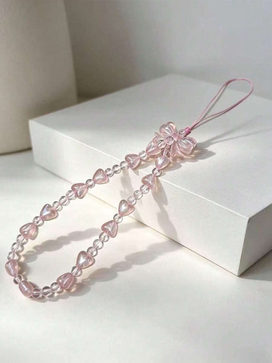 1pc Pink Heart & Bow Phone Lanyard, Girly Beaded Strap, Versatile Phone Case Accessory, Student INS Soft Style Gift For Best Friend - Multicolor - View 1