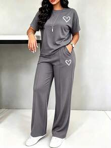 Women's New Spring/Summer Round Neck Short Sleeve Heart Print T-Shirt And Elastic Waist Loose Pants 2-Piece Set Elegant - Grey - View 1