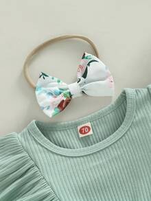 Mono de bebé niña para primavera y otoño, con estampado floral acanalado, volantes y manga larga, además de diadema con lazo. - tinta verde - Ver 7