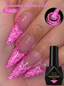 FOUR LILY 1 Bottle Bright Pink Fluorescent Reflective Glitter Gel Nail Polish, 10ml Fluorescent Color Shiny Glitter Dark Laser Gel Nail Polish, Suitable For Summer Nails, Semi-Permanent Soak-Off UV Gel Nail Polish, Nail Art DIY Home And Nail Salon - 玫紅色 - 查看 1