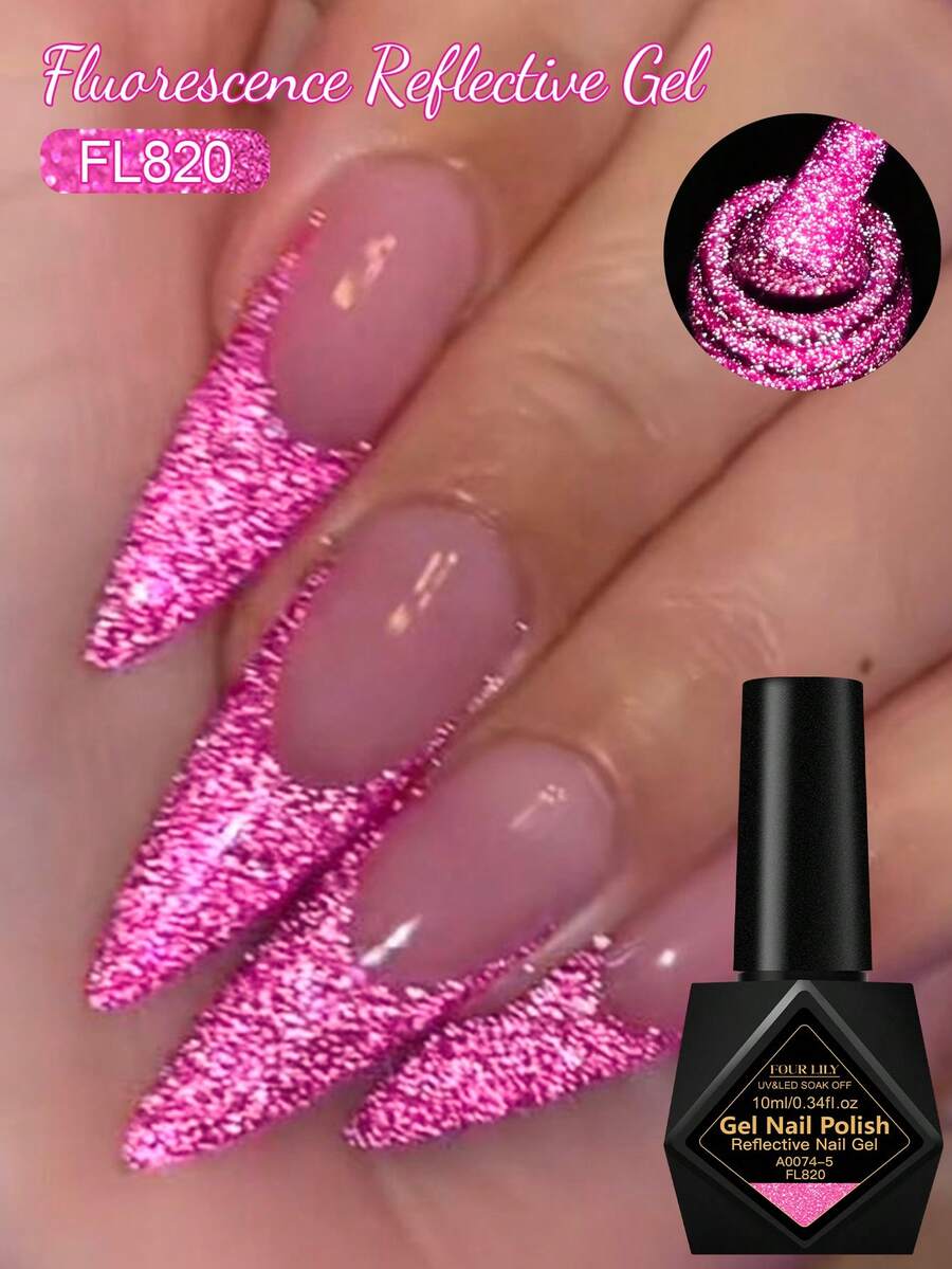 FOUR LILY 1 Bottle Bright Pink Fluorescent Reflective Glitter Gel Nail Polish, 10ml Fluorescent Color Shiny Glitter Dark Laser Gel Nail Polish, Suitable For Summer Nails, Semi-Permanent Soak-Off UV Gel Nail Polish, Nail Art DIY Home And Nail Salon - 玫紅色 - 查看 1