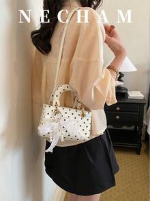 1pc Fashionable Scarf Strap Decor Polka Dot Shoulder Bag, Korean Ins Style - White - View 2
