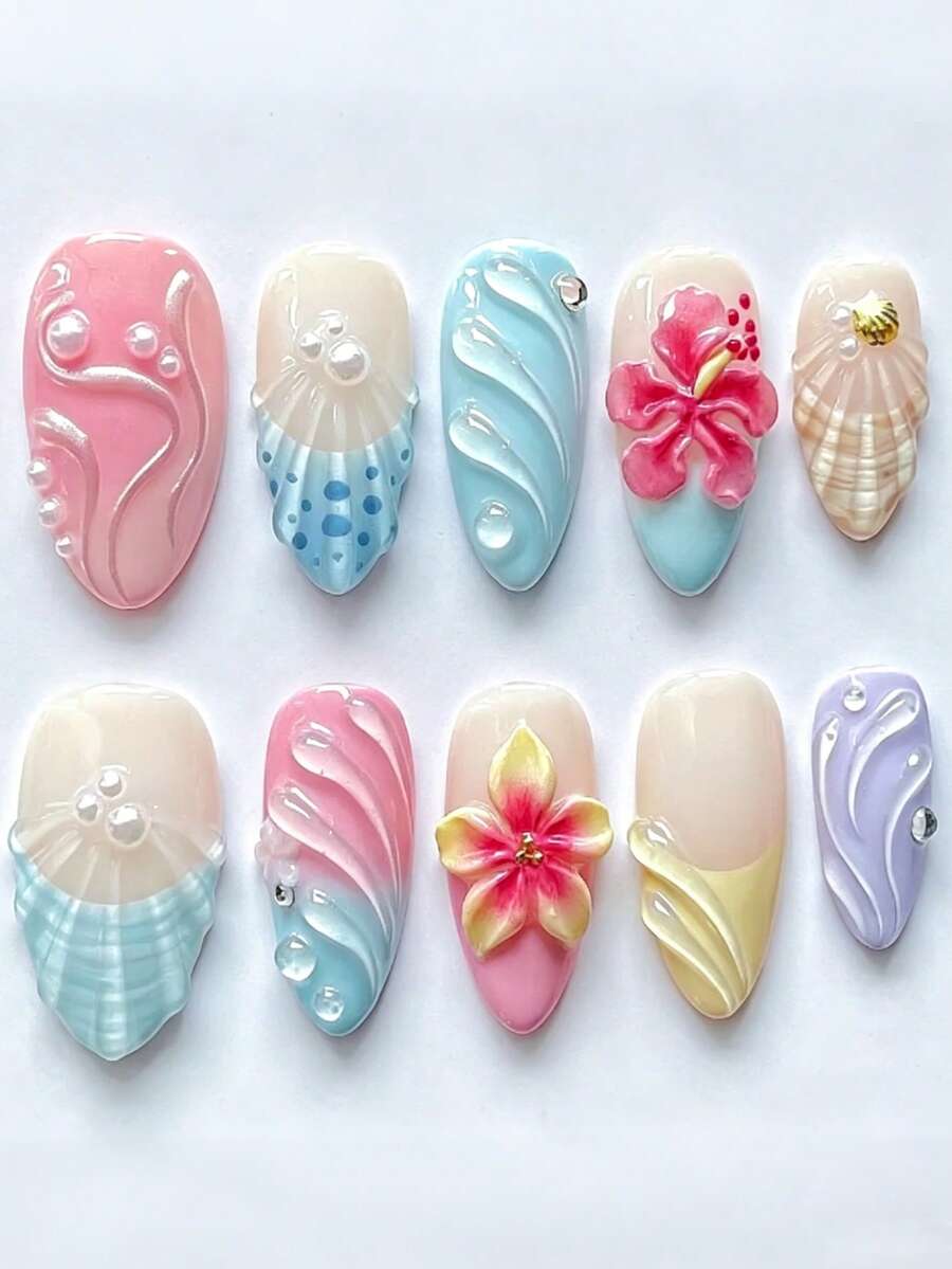 10入中號杏仁形壓花美甲貼片,馬卡龍色設計,3D花朵與貝殼圖案,珍珠裝飾法式尖甲,適合美甲店、女孩與女性日常配戴、節日派對及禮物 - 彩色 - 查看 1