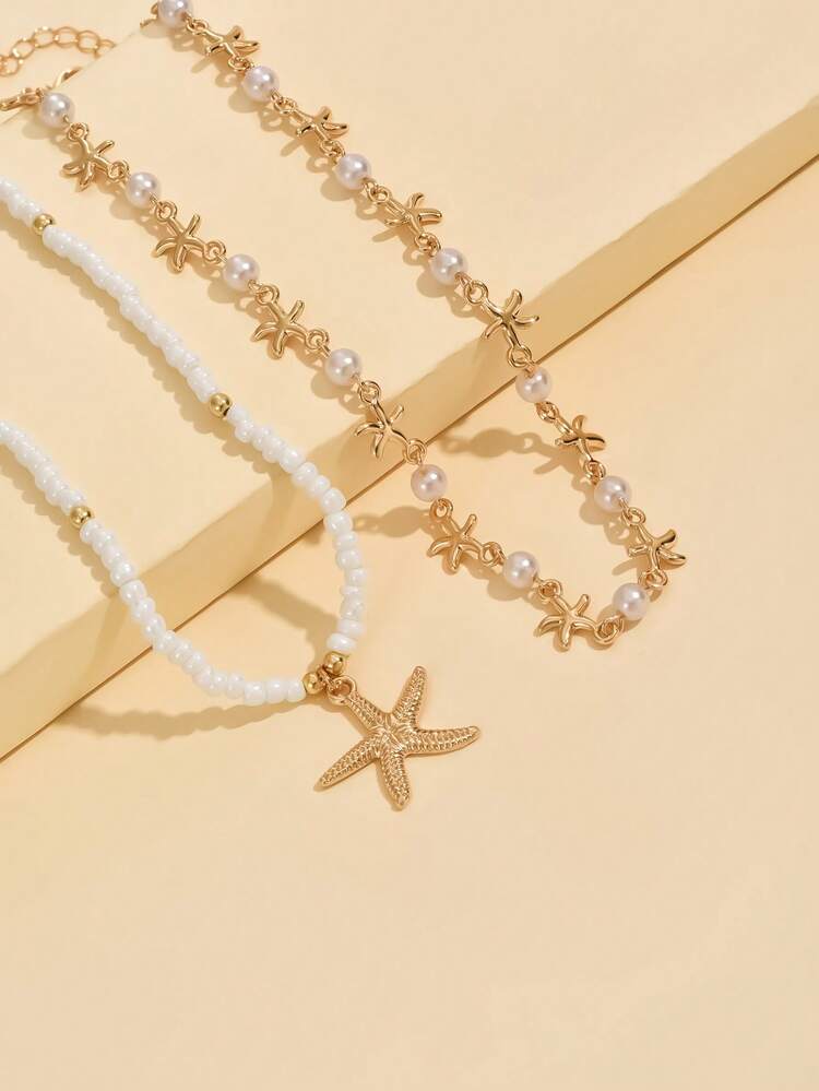 Bộ 2 mặt dây chuyền hình sao biển đính ngọc trai, vòng cổ choker nhiều lớp đính ngọc trai giả, trang sức đa năng phù hợp cho kỳ nghỉ biển và đeo hàng ngày dành cho nữ. - Nhiều màu - Xem 3