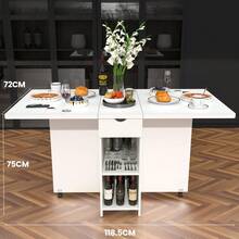 Mobile Folding Dining Table, Drop Leaf Table With 2 Wheels, 2-Layer Storage Rack & Drawer, Extendable Kitchen Table For Small Space, Dining Room, Living Room (White) - White - View 3