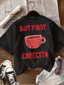 [Double Side Print] Women's Casual Summer Top Vintage Coffee Cup Heart Print "BUT FIRST CAFECITO" Crew Neck Pure Cotton Short Sleeve T-Shirt [LingK] Tee - 黑色 - 查看 2