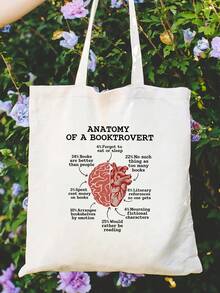 1pc Anatomy Of A Booktrot Canvas Tote Bag, "Would Rather Be Reading" Design With Brain Heart Book Lover Traits, White Bookworm Humor Bag For Library School Commute, Gifts For Readers Book Lovers Women Men - Multicolor - View 4