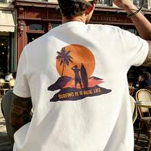 Men's T-Shirt Surfing Silhouette Sunset Palm Tree Comfortable And Versatile Outdoor Casual Short Sleeve - White - View 3