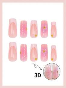 24 móng tay giả vuông dài màu hồng nude với đầu móng kiểu Pháp màu trắng và điểm nhấn hoa 3D đính hạt vàng, bóng, che phủ toàn bộ móng, dành cho nữ và bé gái. - Nhiều màu - Xem 3