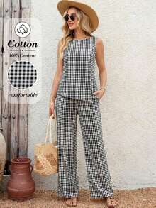 Conjunto de 2 piezas de chaleco y pantalones a cuadros casuales para mujer, de verano - Blanco y Negro - Ver 4