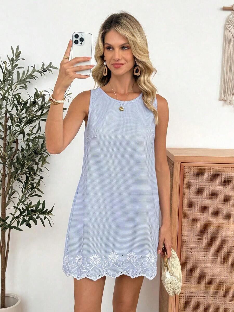Vestido casual de mujer sin mangas de línea A en color rosa con bolsillos acolchados, conjunto elegante de vacaciones, estilo retro lujoso - Azul y blanco - Ver 1
