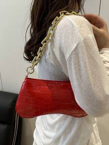 1pc Shiny Solid Gold Chain Decor Underarm Baguette Bag - Burgundy - View 2