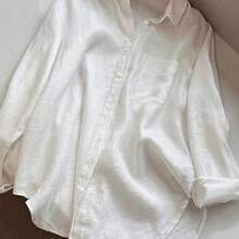 Fashion Women's Clothing Camisa blanca casual de mujer con botones delanteros y bajo curvo para primavera - Azul - Ver 6