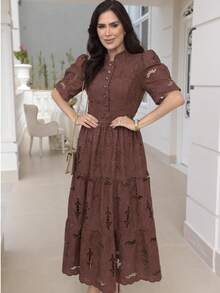 Women's Elegant Floral Embroidered Lace Midi Dress, 100% Cotton, With Puff Sleeves, Front Buttons And Full Skirt - Romantic And Sophisticated Look, Summer 2025 - 鏽棕色 - 查看 2