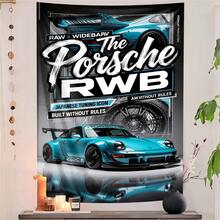 1pc Bosozoku RWB Wide Body Modification Version Tapestry, Japanese JDM Icon "No Rules Build" Design, Blue & Green Sports Car Print With "RAW * WIDEBARV" And "The Porsche RWB" Text, Street Racing Atmosphere Wall Hanging Suitable For Car Enthusiasts Bedroom & Living Room Decor - RWB - View 1