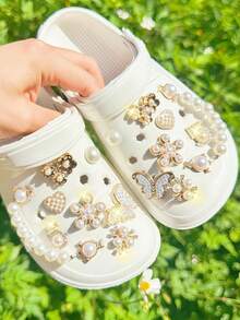 16pcs Gold One-Piece Flower DIY Accessories, 5-Petal Flower Shoe Charms, Rhinestone Butterfly, Beaded Chain Decor, Detachable, Suitable For Perforated Slippers, Birthday Party Gifts - Gold - View 6