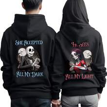 Nightmare Before Christmas Jack & Sally Matching Couple Hoodies Set, "She Accepted All My Dark / He Sees All My Light" Graphic Black Pullover Hoodie For Couples, Matching Sweatshirts For Him And Her - Áo liền quần màu đen dành cho nam - Xem 2
