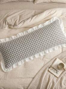 1pc Mint Chocolate Plaid Long Pillowcase (Pillow Insert Not Included), With Ruffle Design, Comfortable And Breathable Polyester Fiber Material, Suitable For Bedroom, Home Decor, Multi-Functional Daily Fresh And Cute, Plaid Pillowcase, Ruffle Design, Mint Chocolate Tone, Comfortable Bedding, Cute Aesthetic, Popular Style - Multicolor - View 9