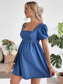 Vestido corto de maternidad de mezclilla azul con mangas de pétalo - Azul 2 - Ver 7